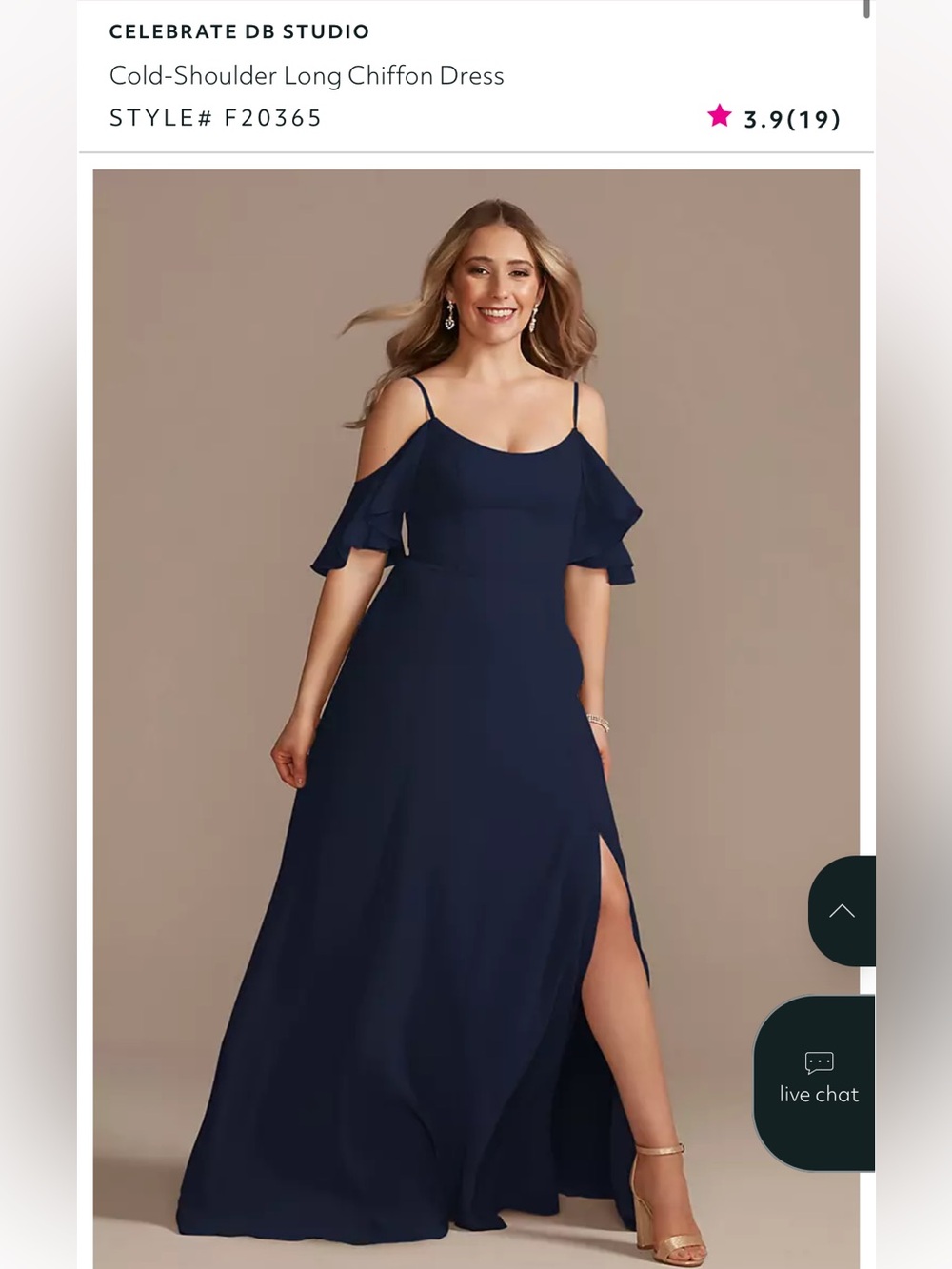 Celebrate David's Bridal Cold-Shoulder Long Chiffon Dress in “Marine”